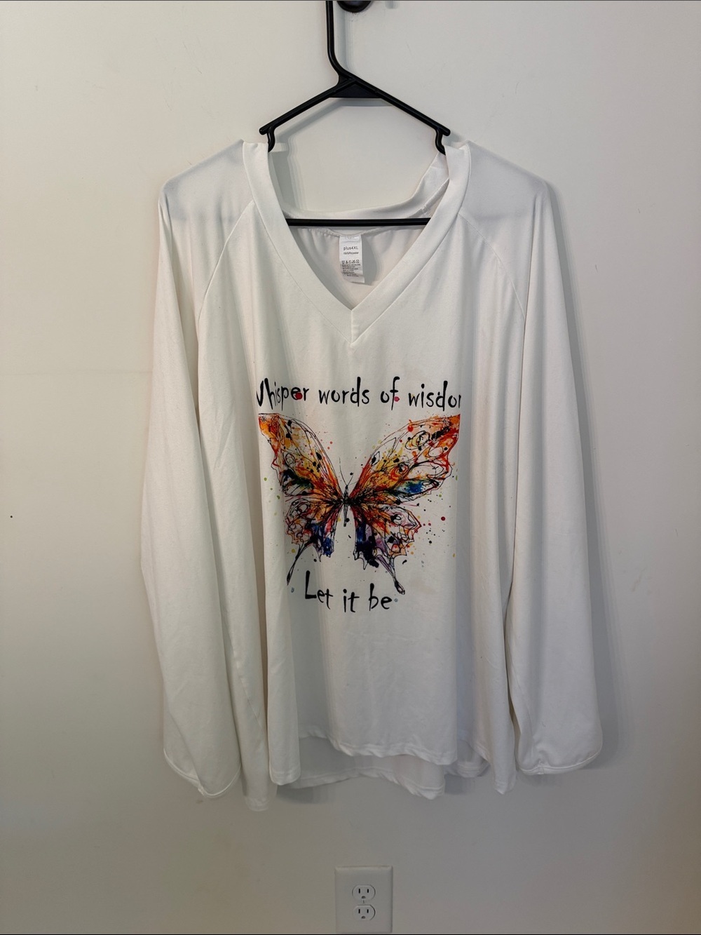 Daisys Boutique White Long Sleeve V-Neck Tee with Multicolor Butterfly